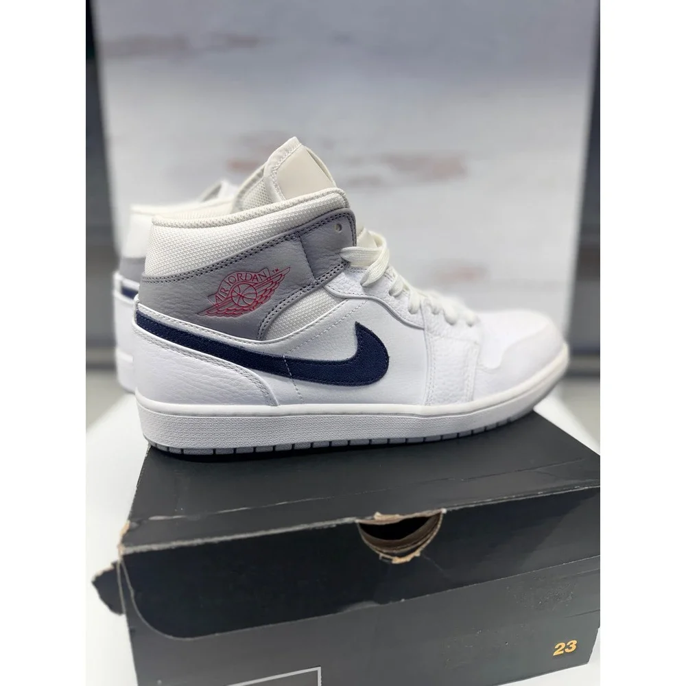 Air Jordan 1 Mid Paris White Midnight Navy Grey Mens 12.5